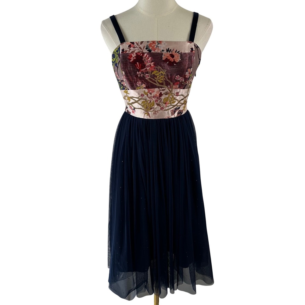 Moulinette Soeurs Anthropologie Midi Dress Women 2 Navy Tulle Brocade Whimsigoth